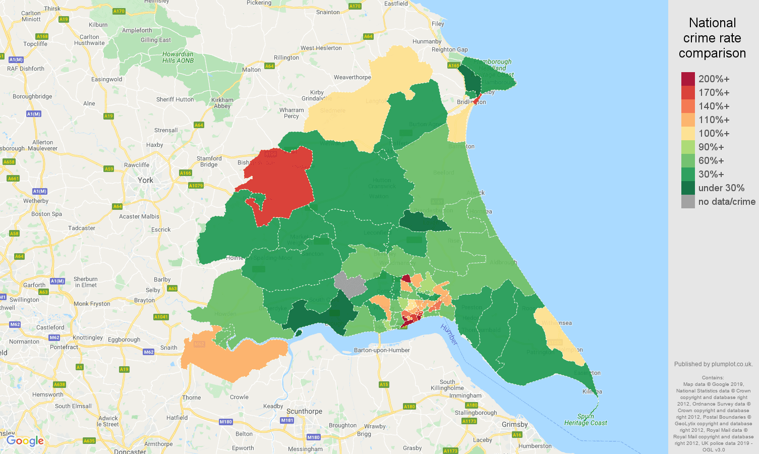 East Riding of Yorkshire other theft crime rate comparison map