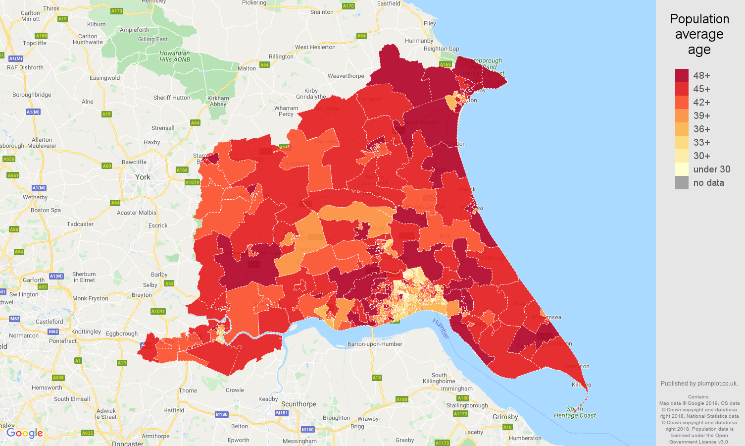 East Riding of Yorkshire population average age map