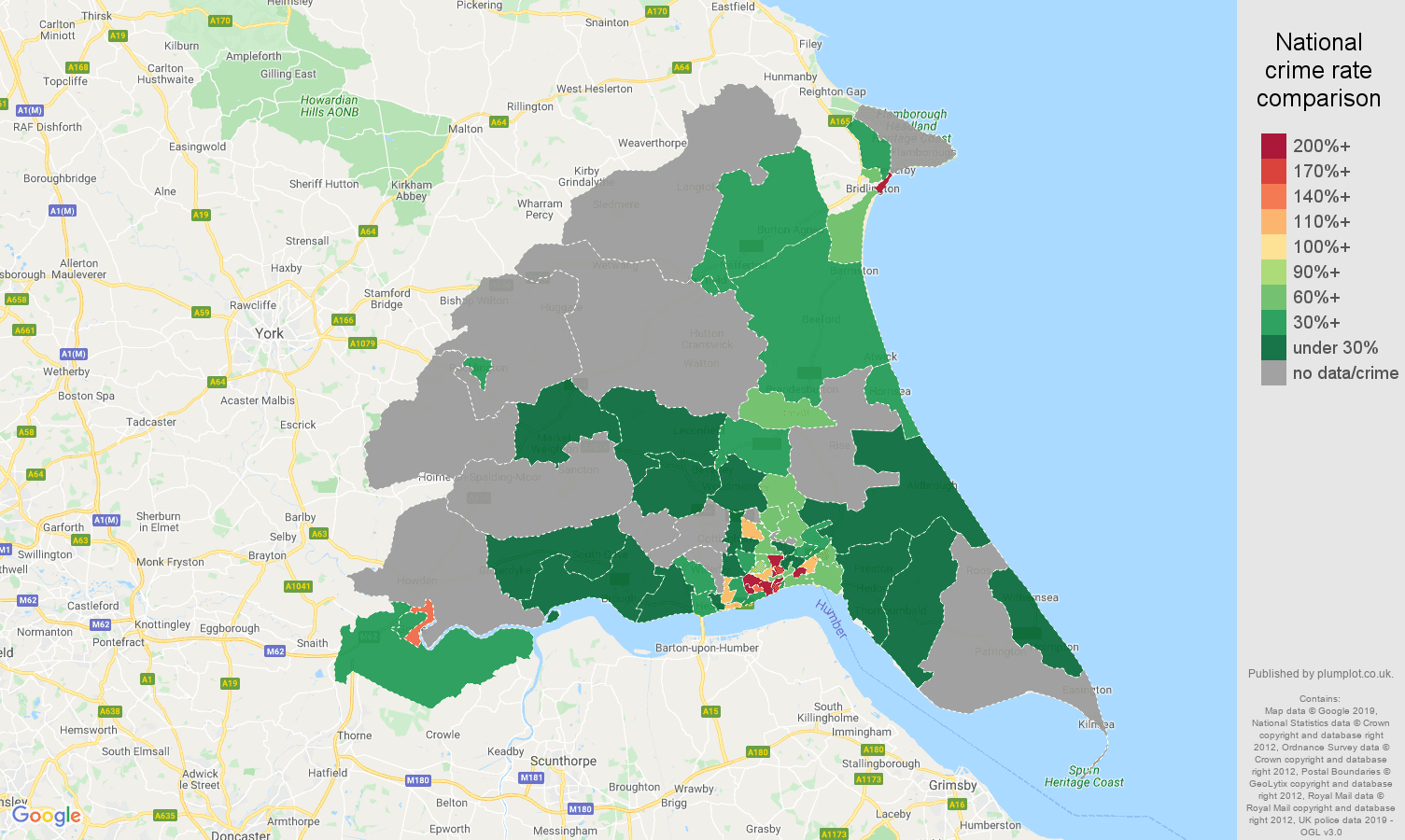 East Riding of Yorkshire possession of weapons crime rate comparison map