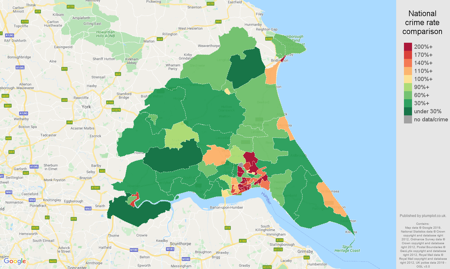 East Riding of Yorkshire public order crime rate comparison map