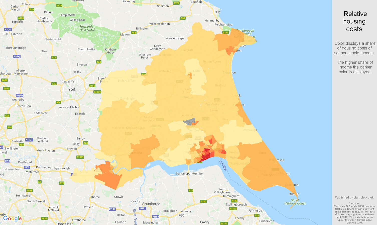 East Riding of Yorkshire relative housing costs map