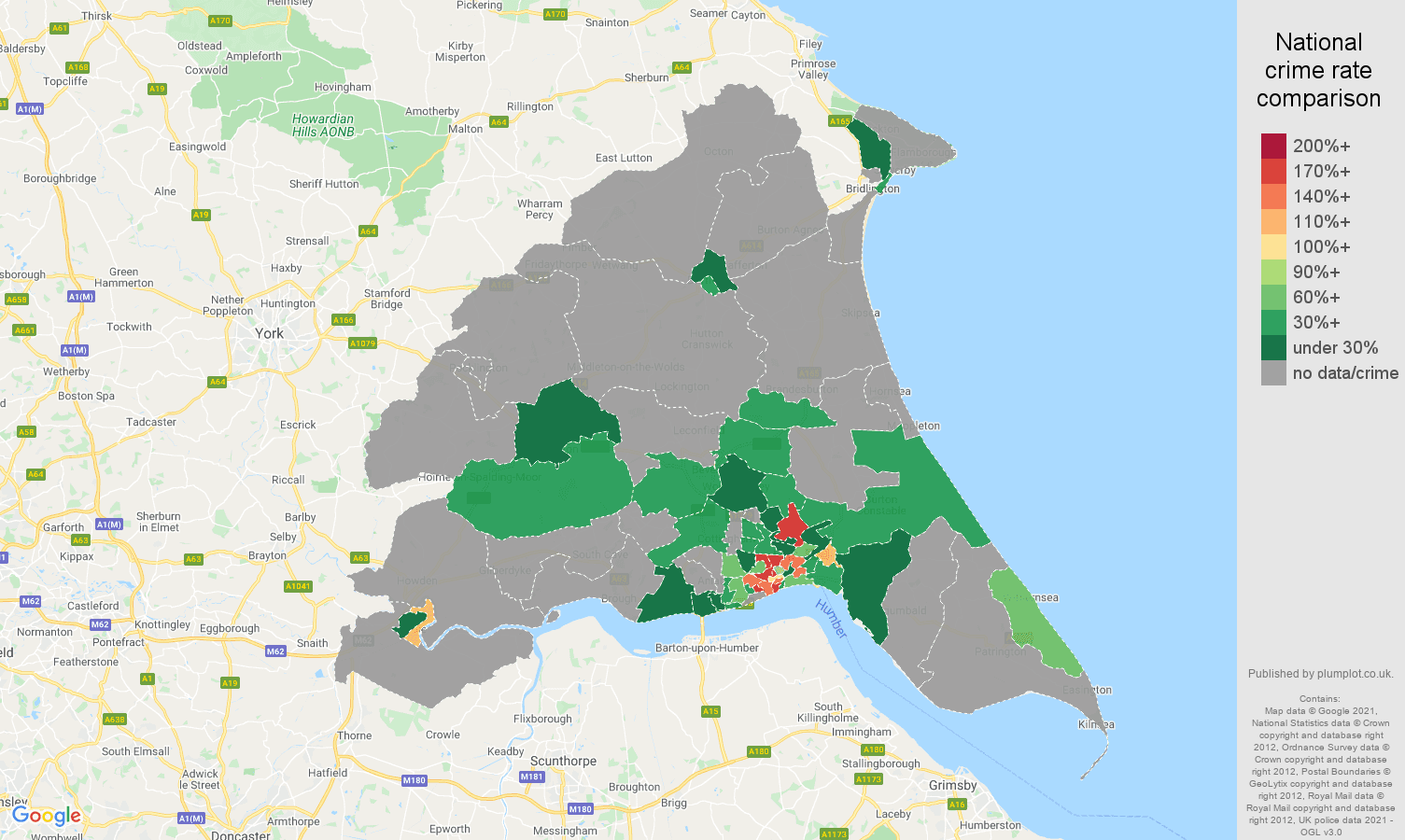 East Riding of Yorkshire robbery crime rate comparison map