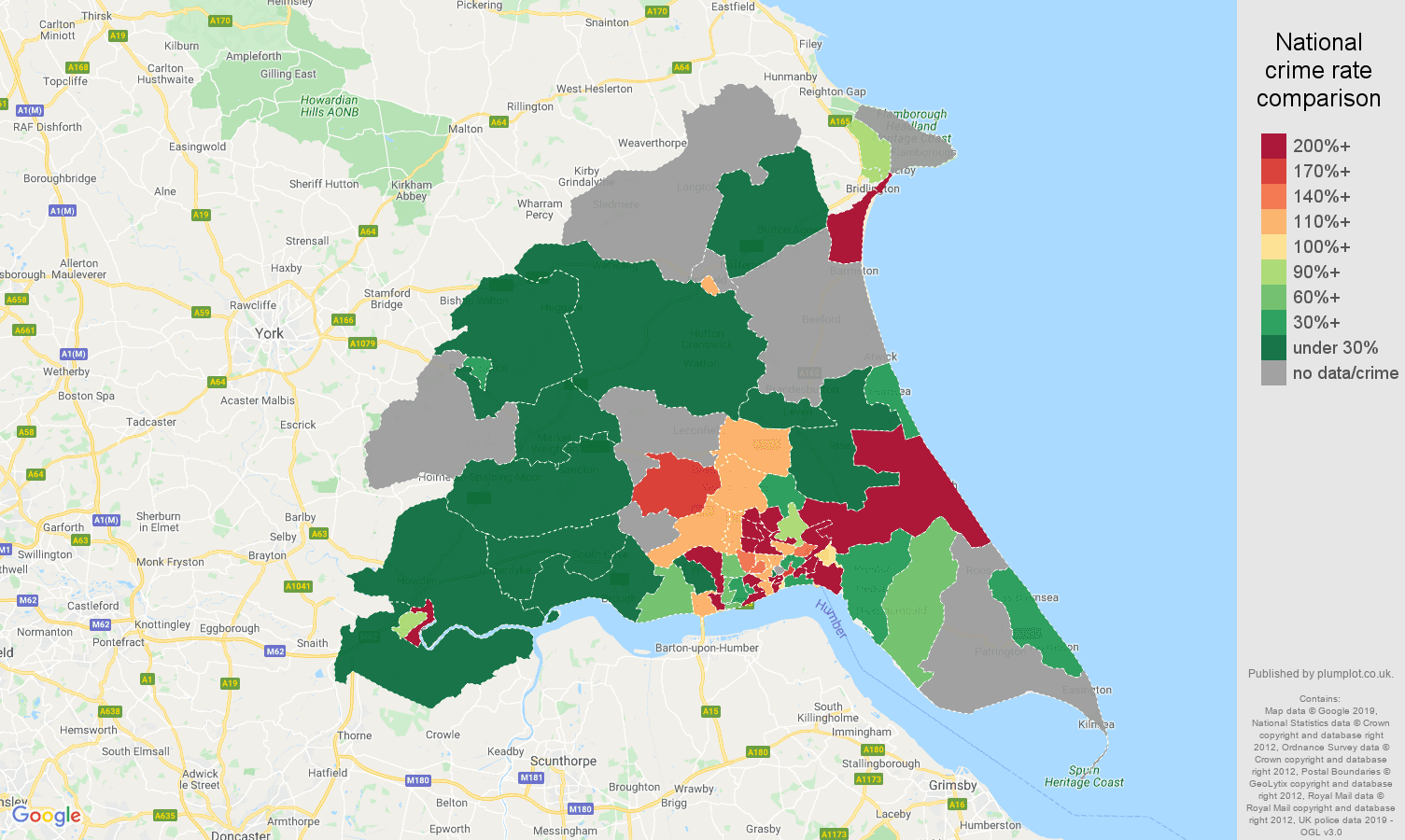 East Riding of Yorkshire shoplifting crime rate comparison map