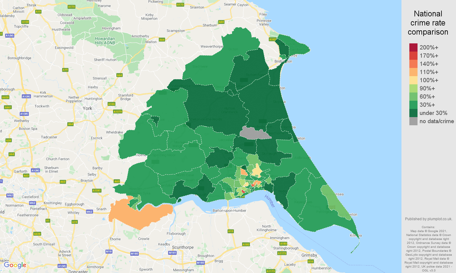 East Riding of Yorkshire vehicle crime rate comparison map