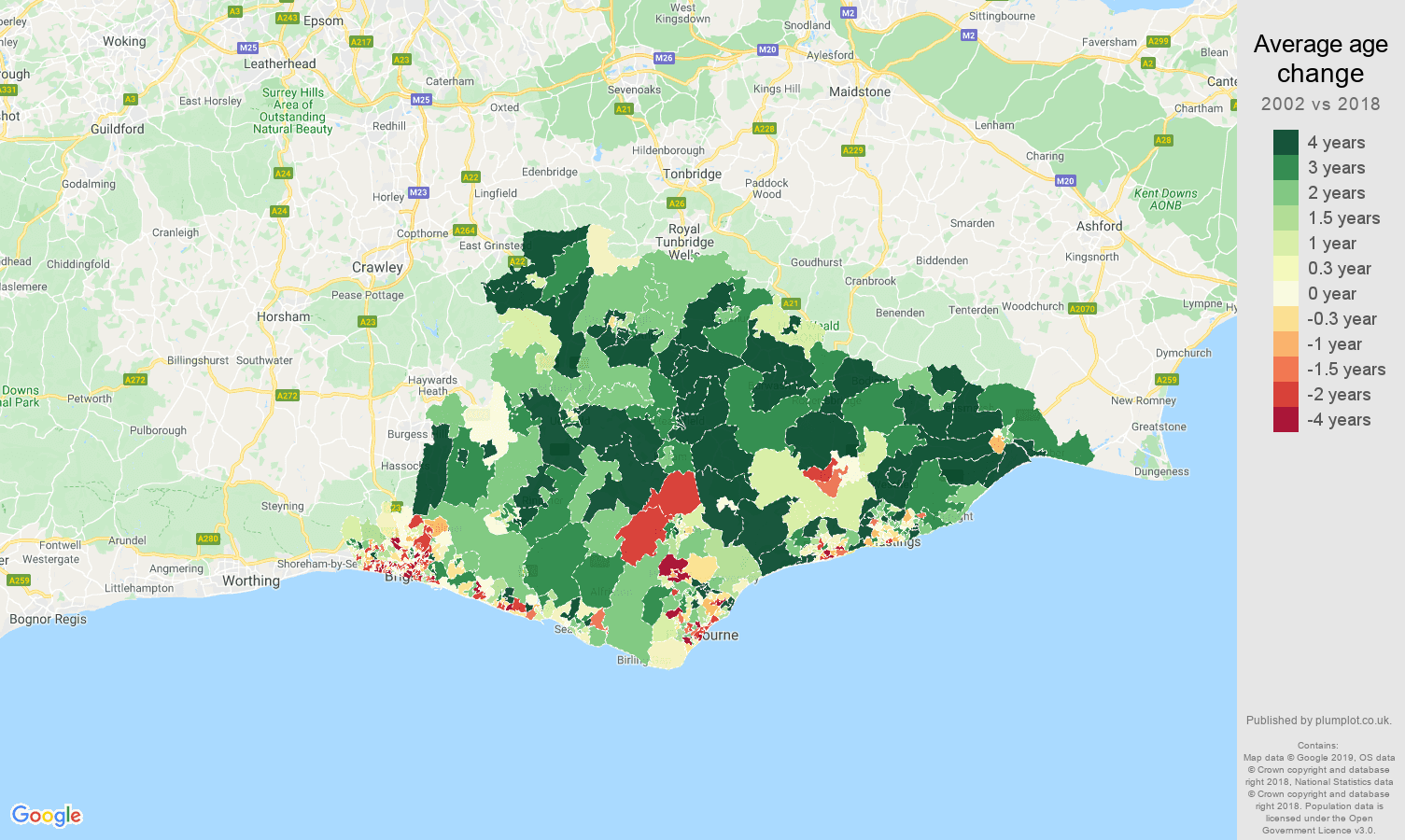East Sussex average age change map