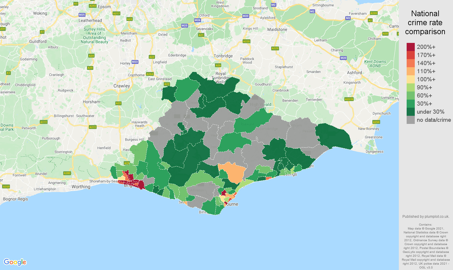 East Sussex bicycle theft crime rate comparison map