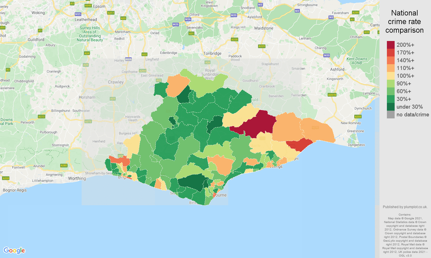 East Sussex burglary crime rate comparison map