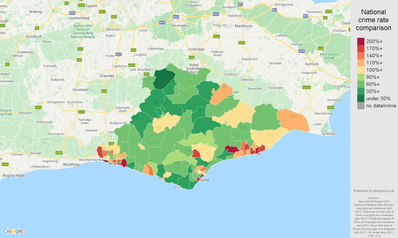 East Sussex criminal damage and arson crime rate comparison map