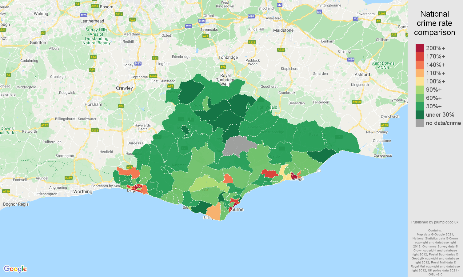 East Sussex drugs crime rate comparison map