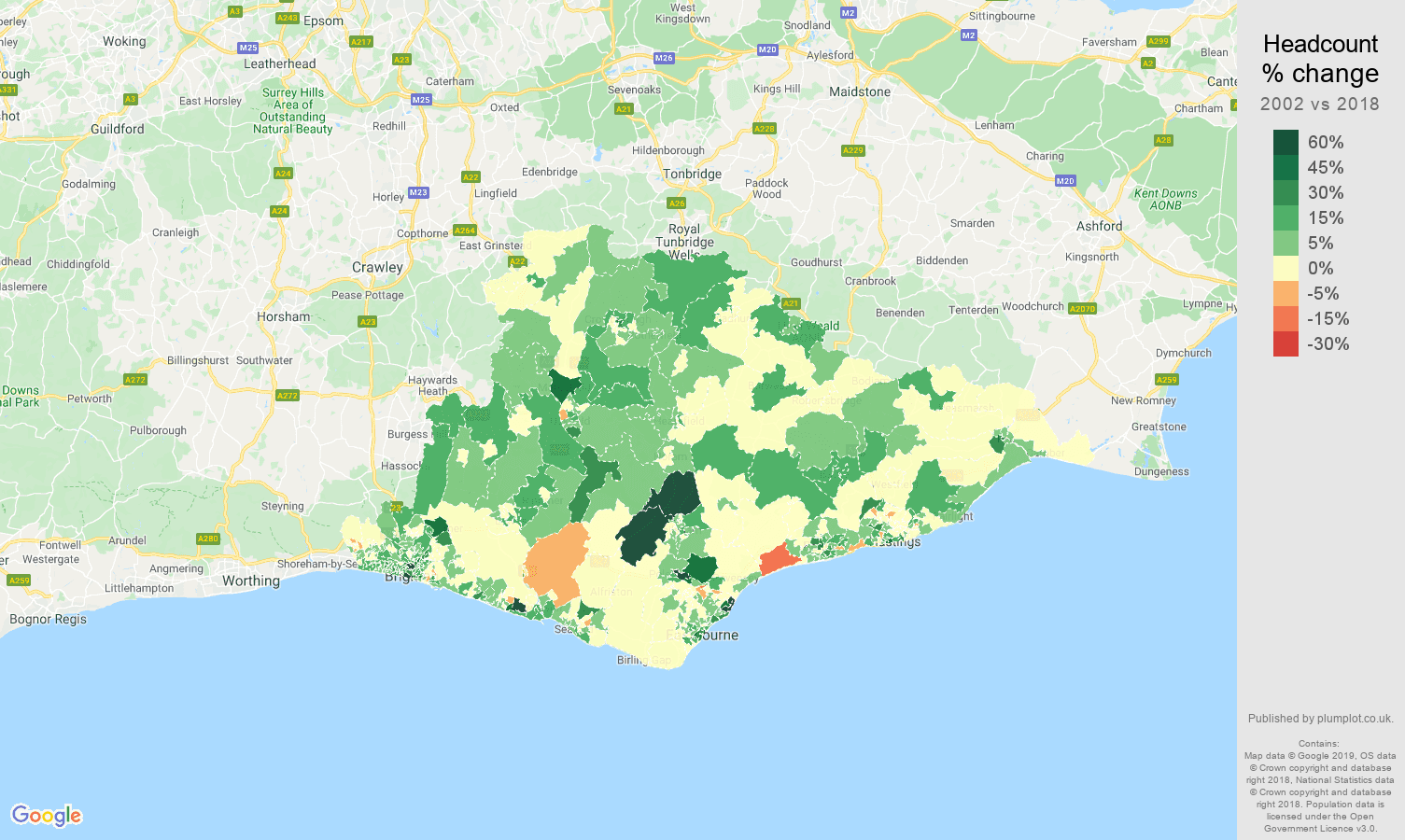 East Sussex headcount change map