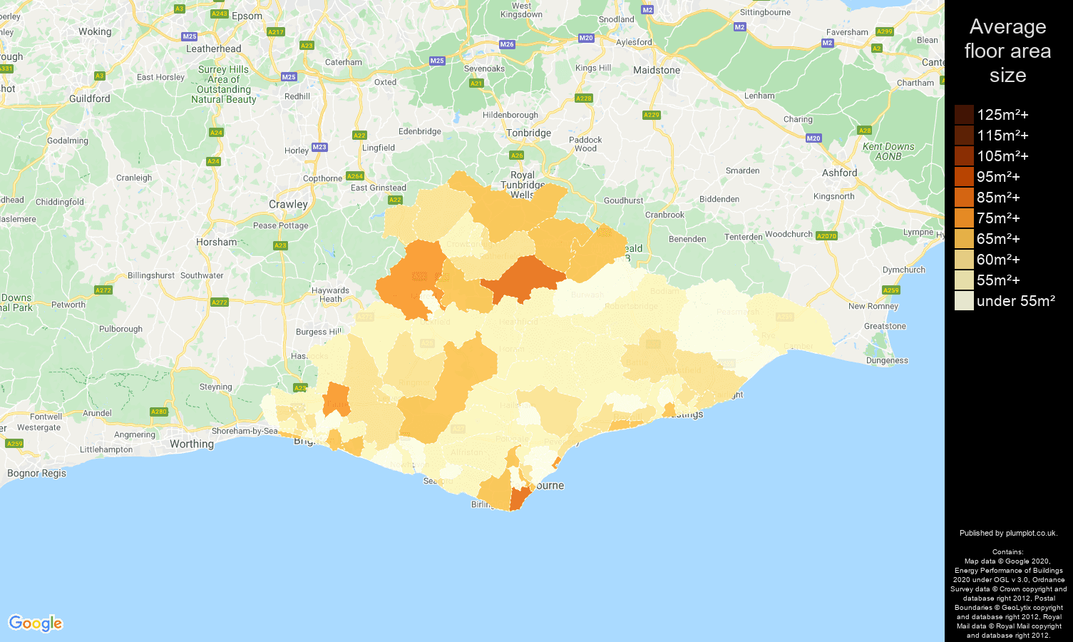 East Sussex map of average floor area size of flats
