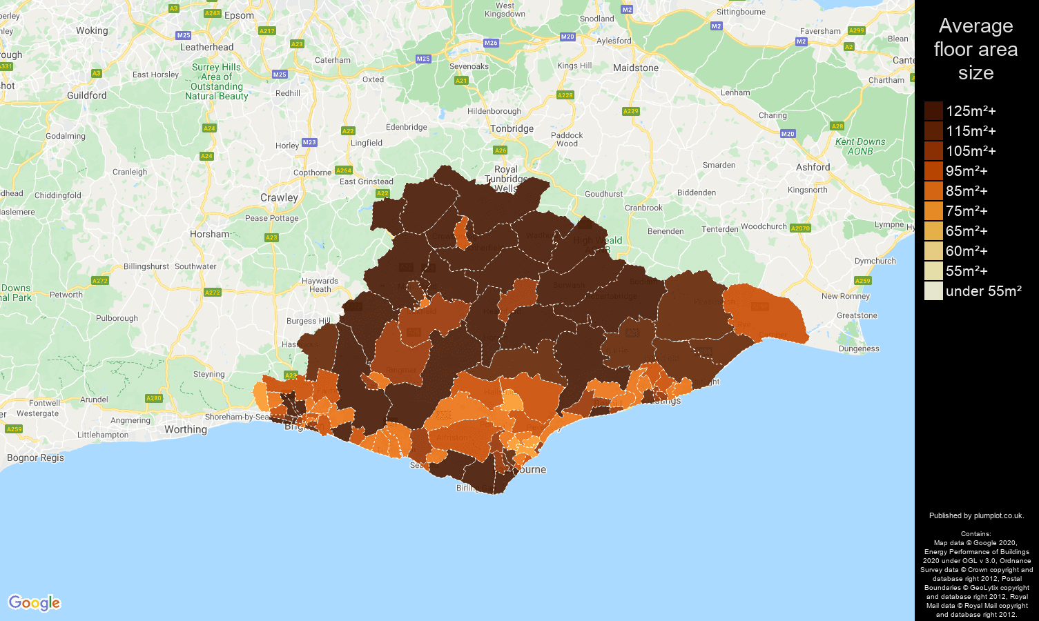 East Sussex map of average floor area size of houses