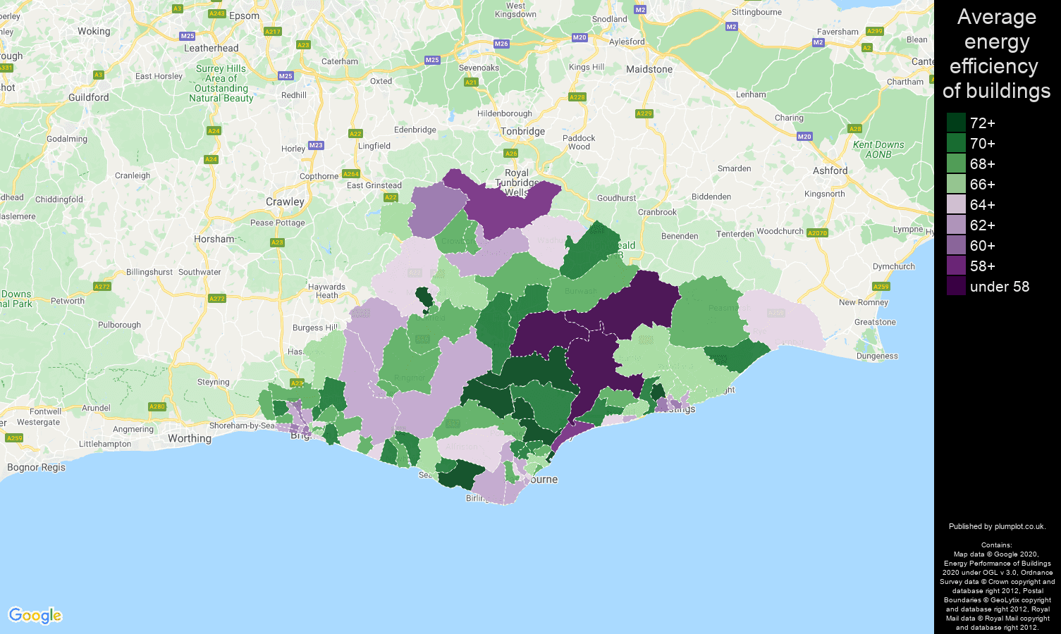 East Sussex map of energy efficiency of flats