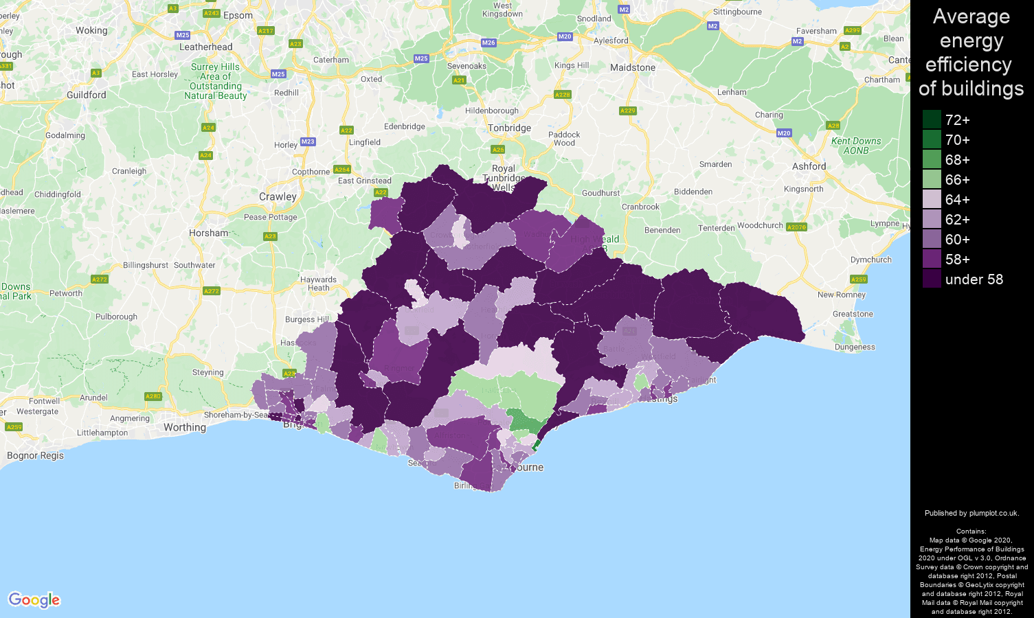 East Sussex map of energy efficiency of houses