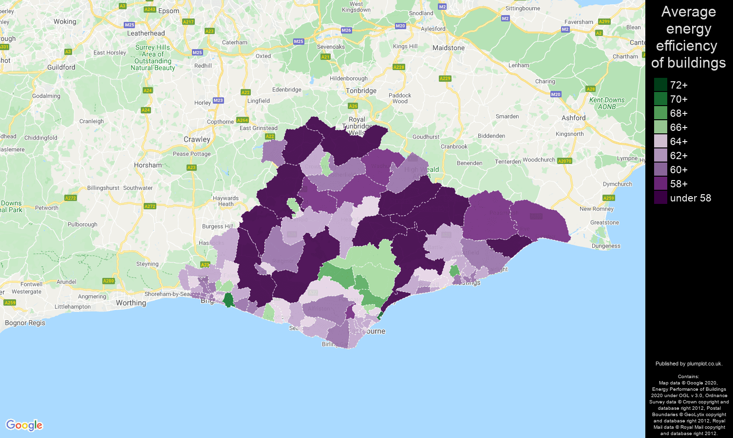 East Sussex map of energy efficiency of properties