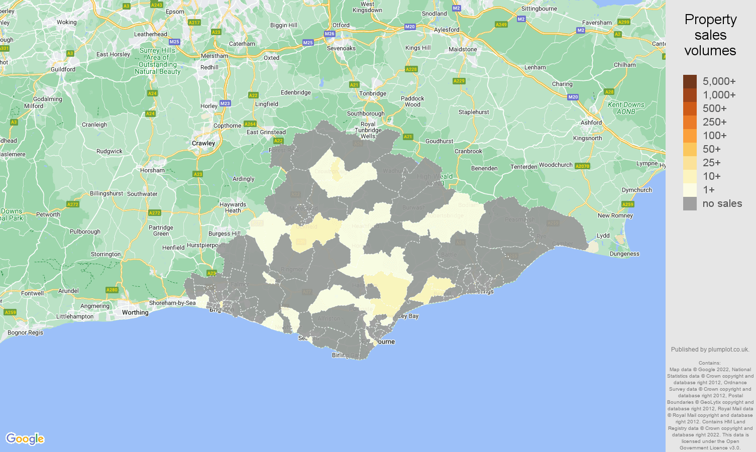 East Sussex map of sales of new properties