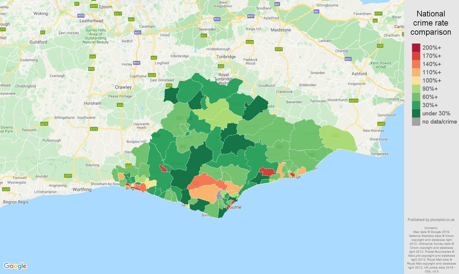 East Sussex other crime rate comparison map