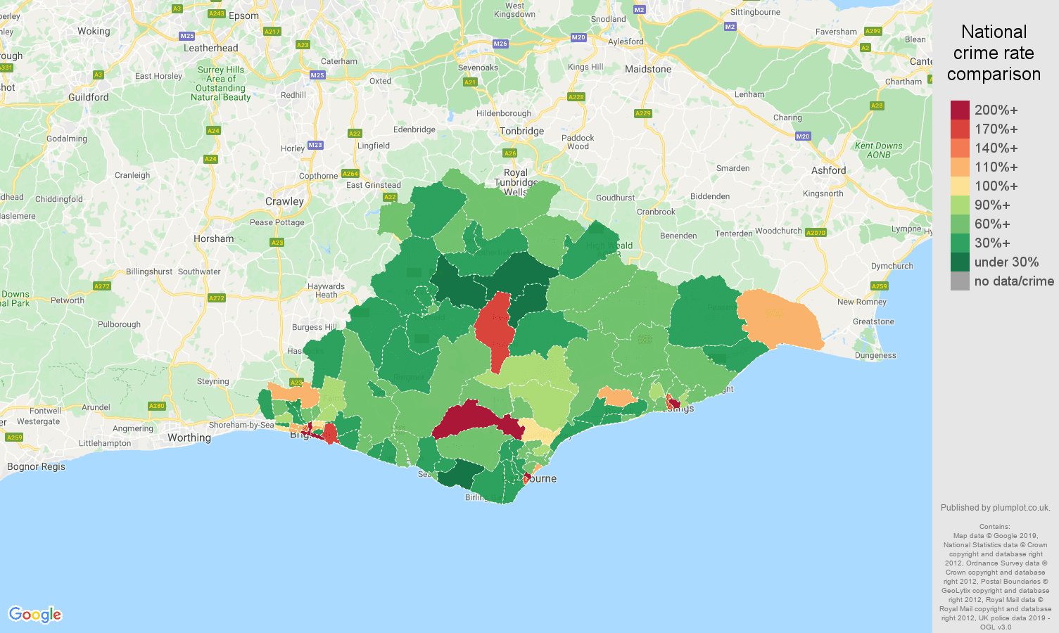 East Sussex other theft crime rate comparison map