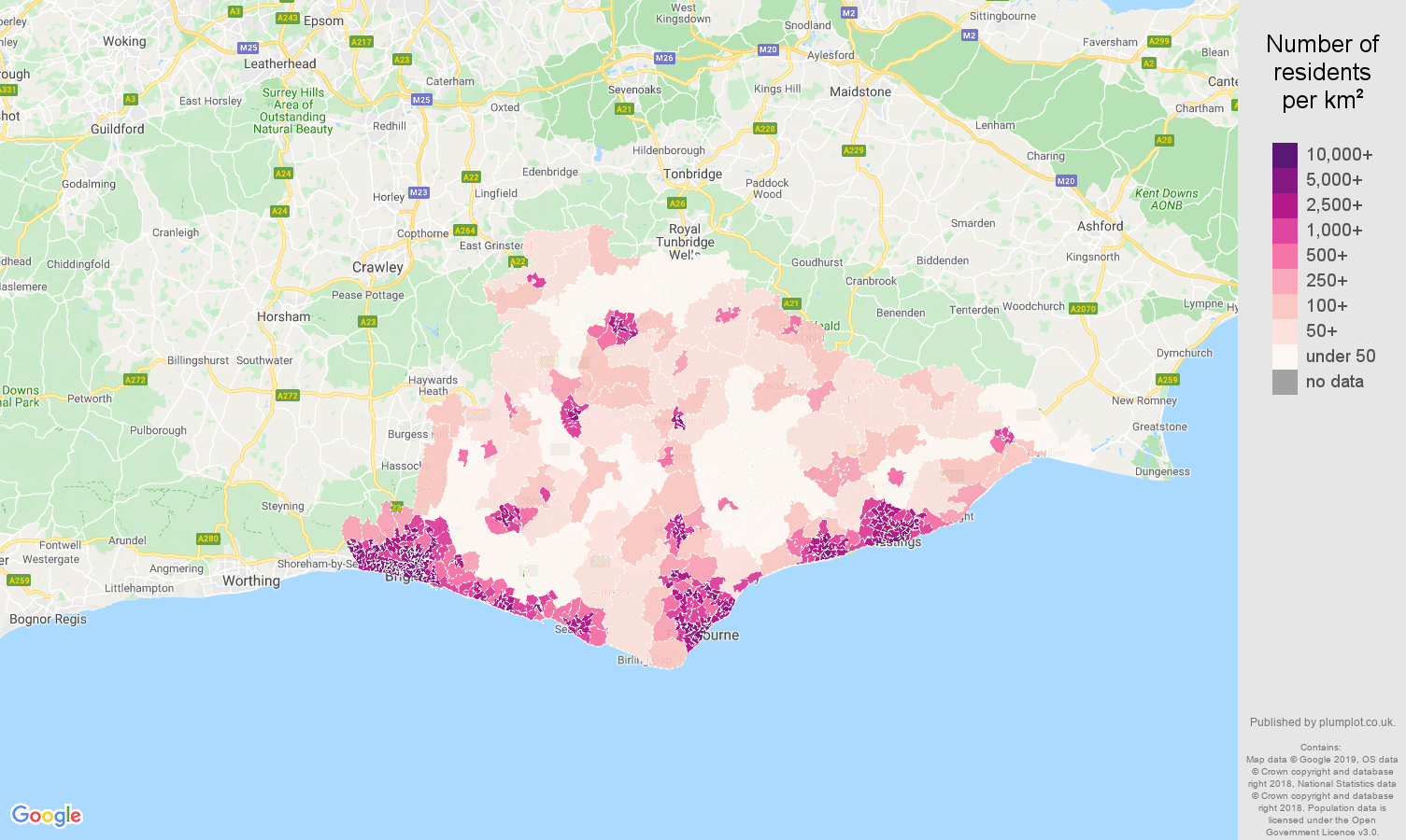 East Sussex population density map
