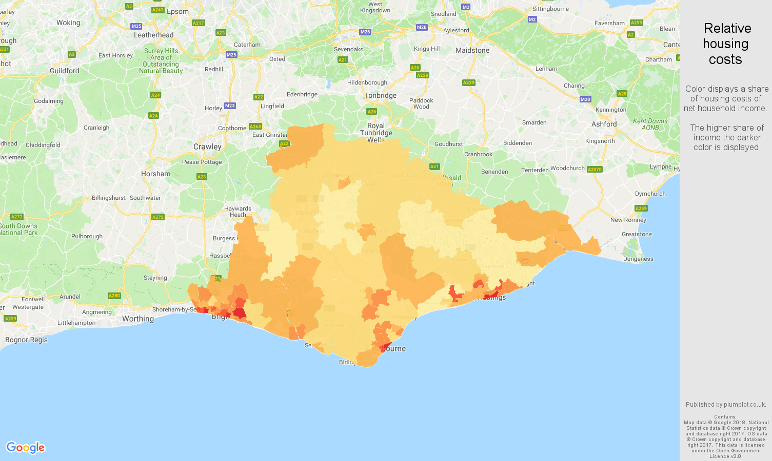 East Sussex relative housing costs map