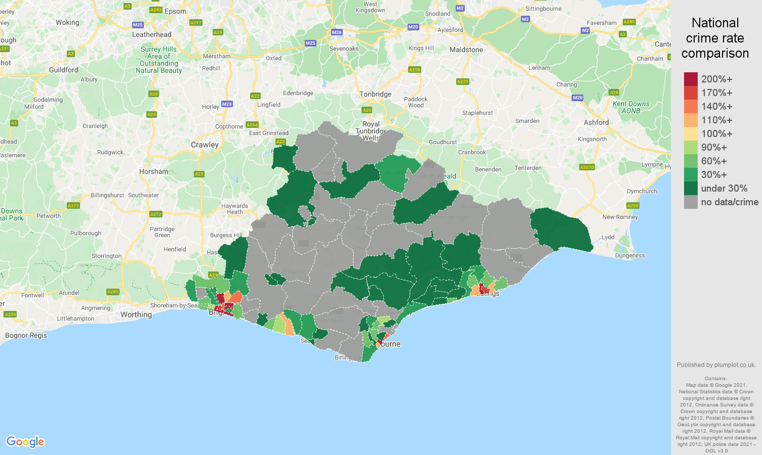 East Sussex robbery crime rate comparison map