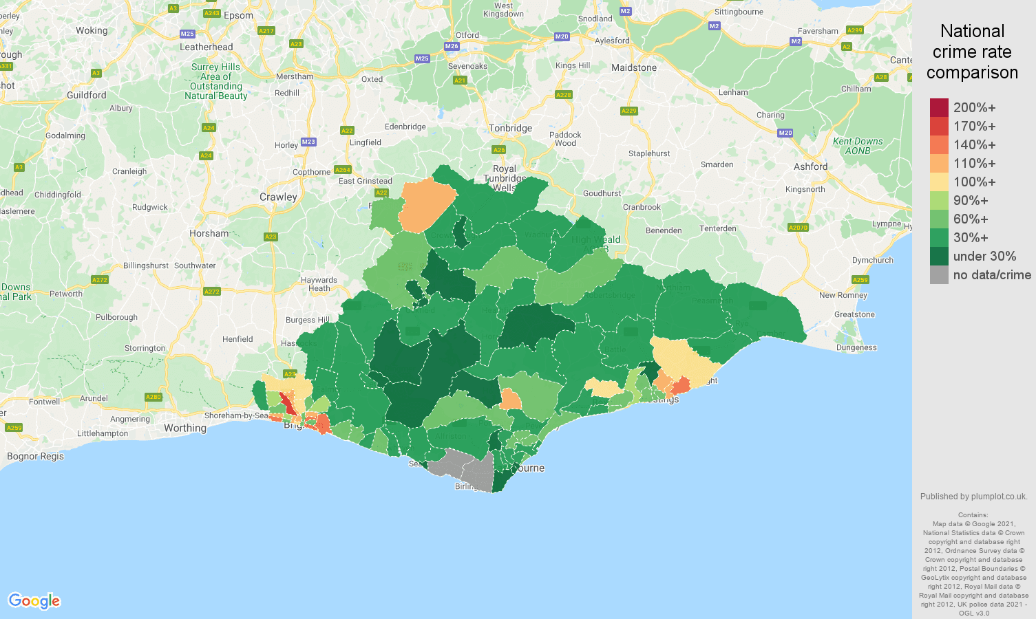 East Sussex vehicle crime rate comparison map