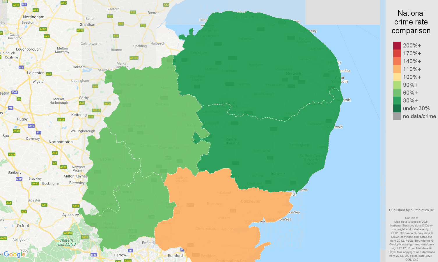 East of England antisocial behaviour crime rate comparison map