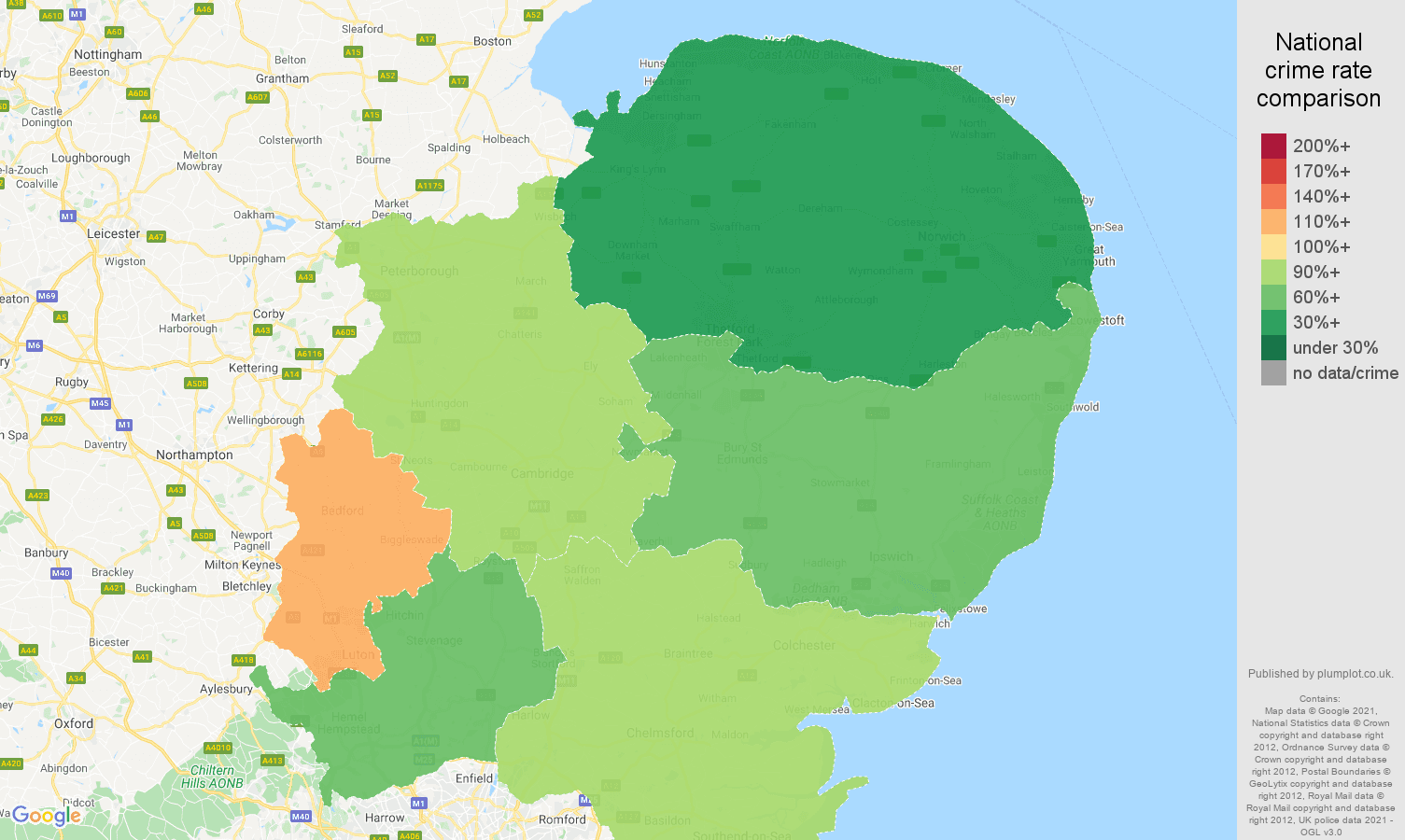 East of England burglary crime rate comparison map