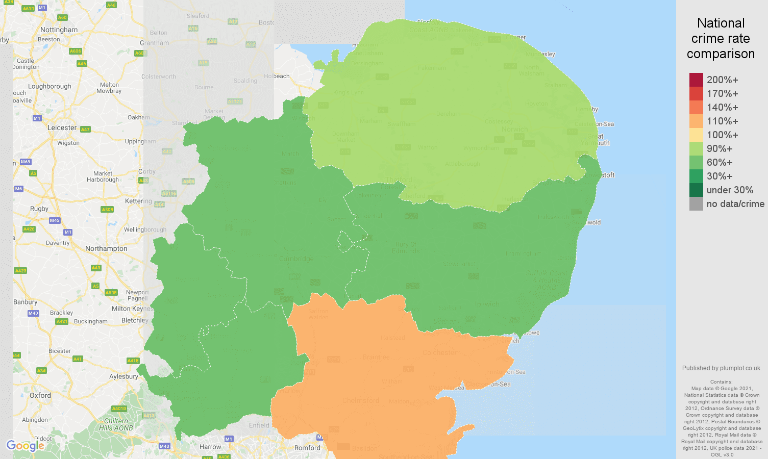 East of England drugs crime rate comparison map