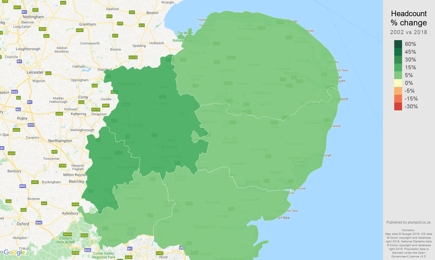 East of England headcount change map