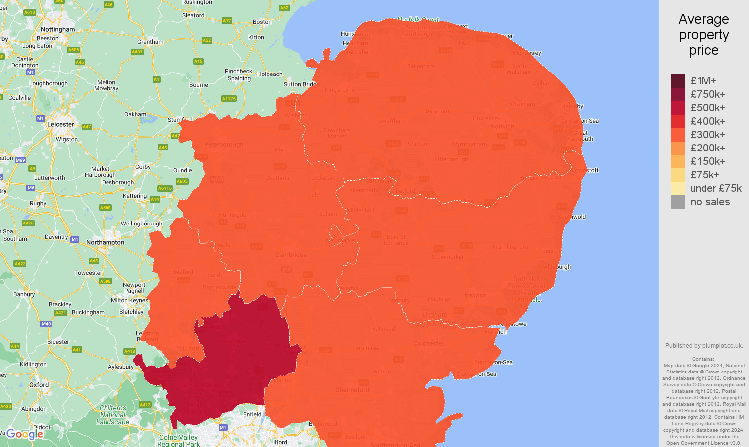 East of England house prices map