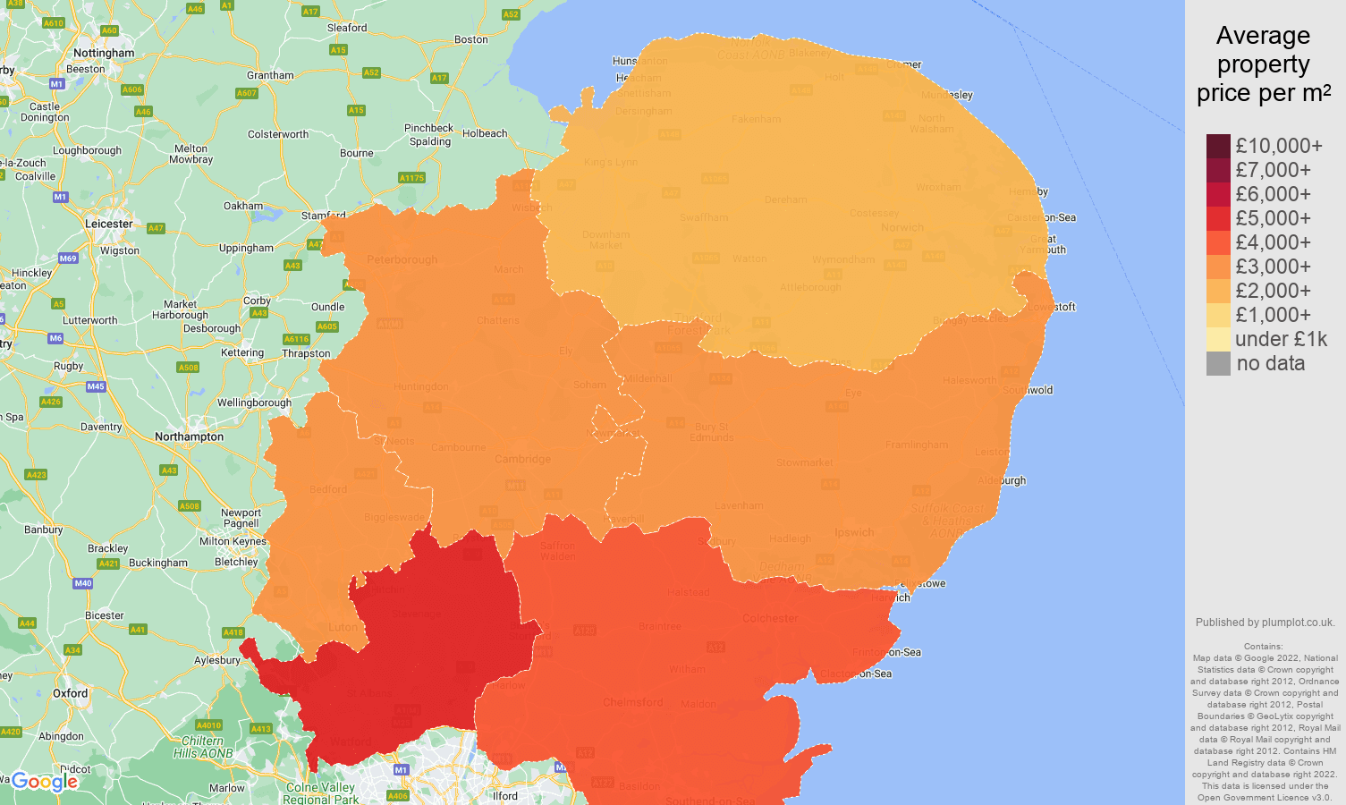 East of England house prices per square metre map