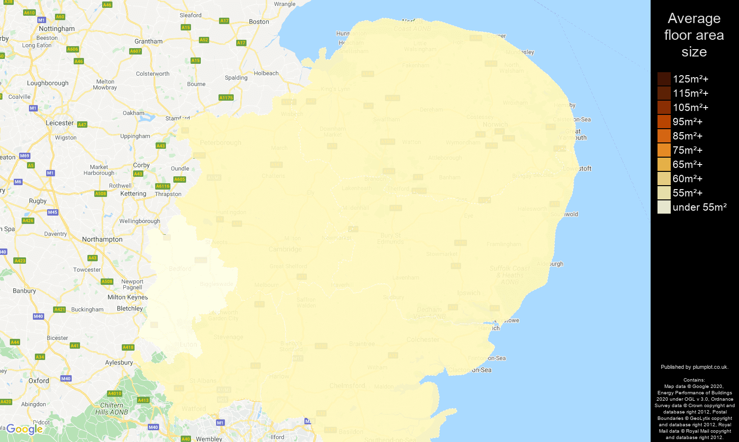 East of England map of average floor area size of flats