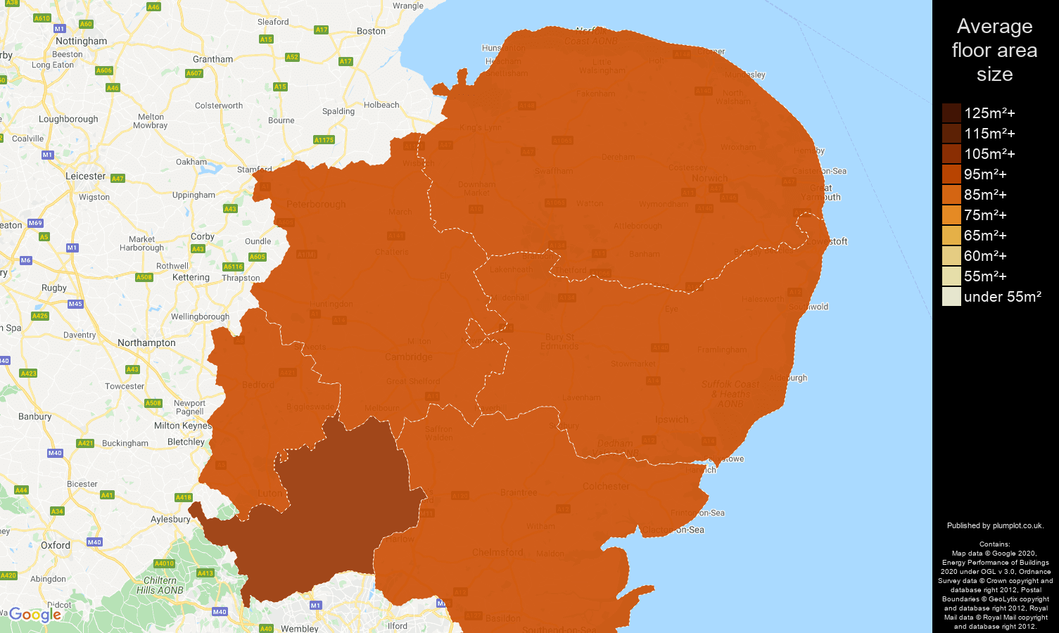 East of England map of average floor area size of houses