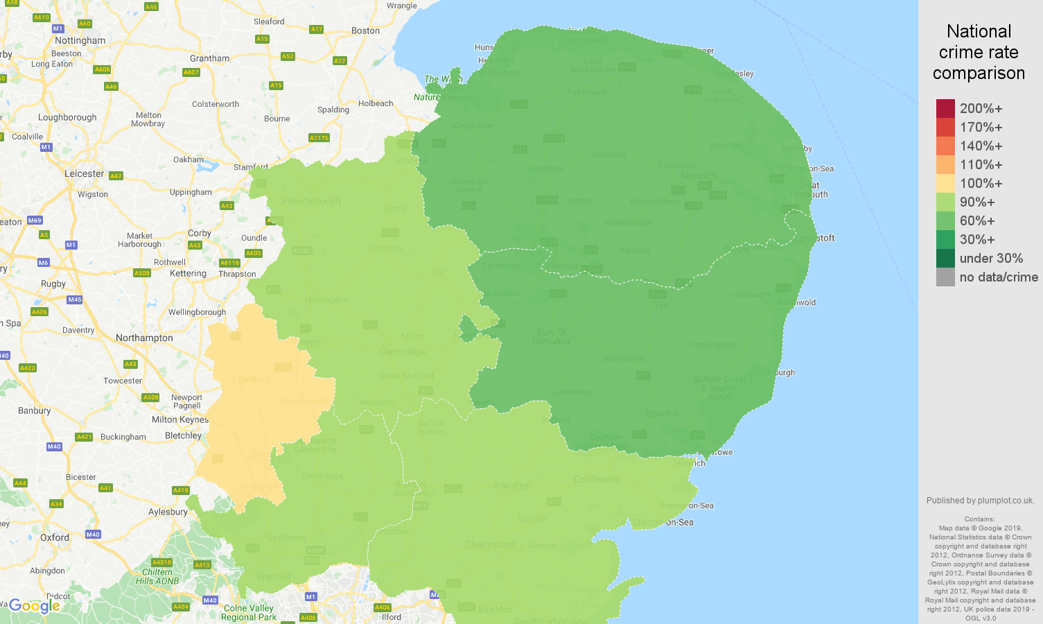 East of England other theft crime rate comparison map