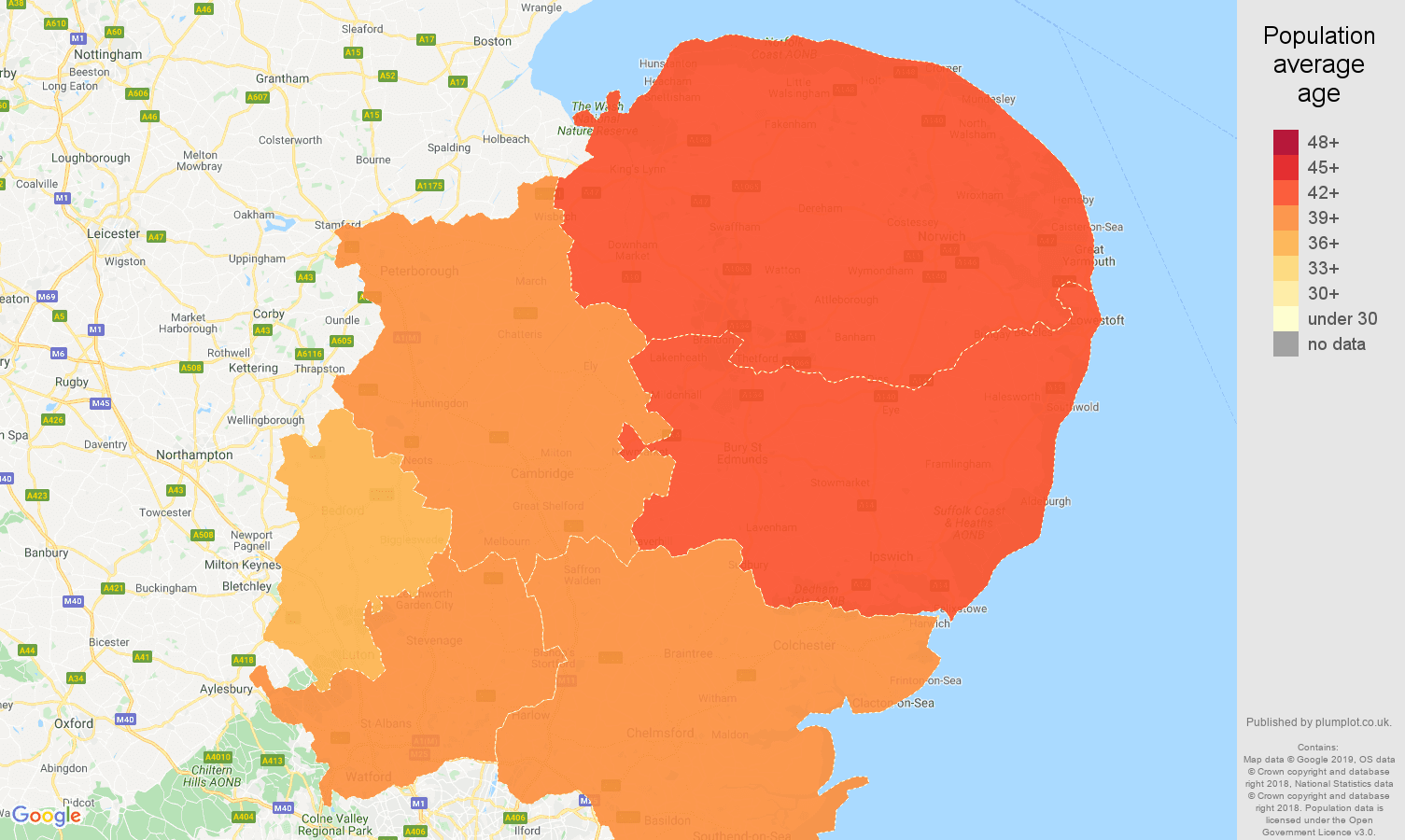 East of England population average age map