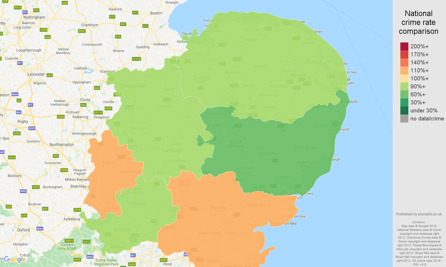 East of England possession of weapons crime rate comparison map