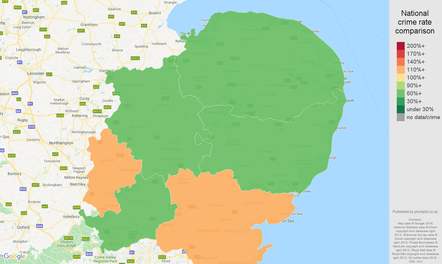 East of England public order crime rate comparison map