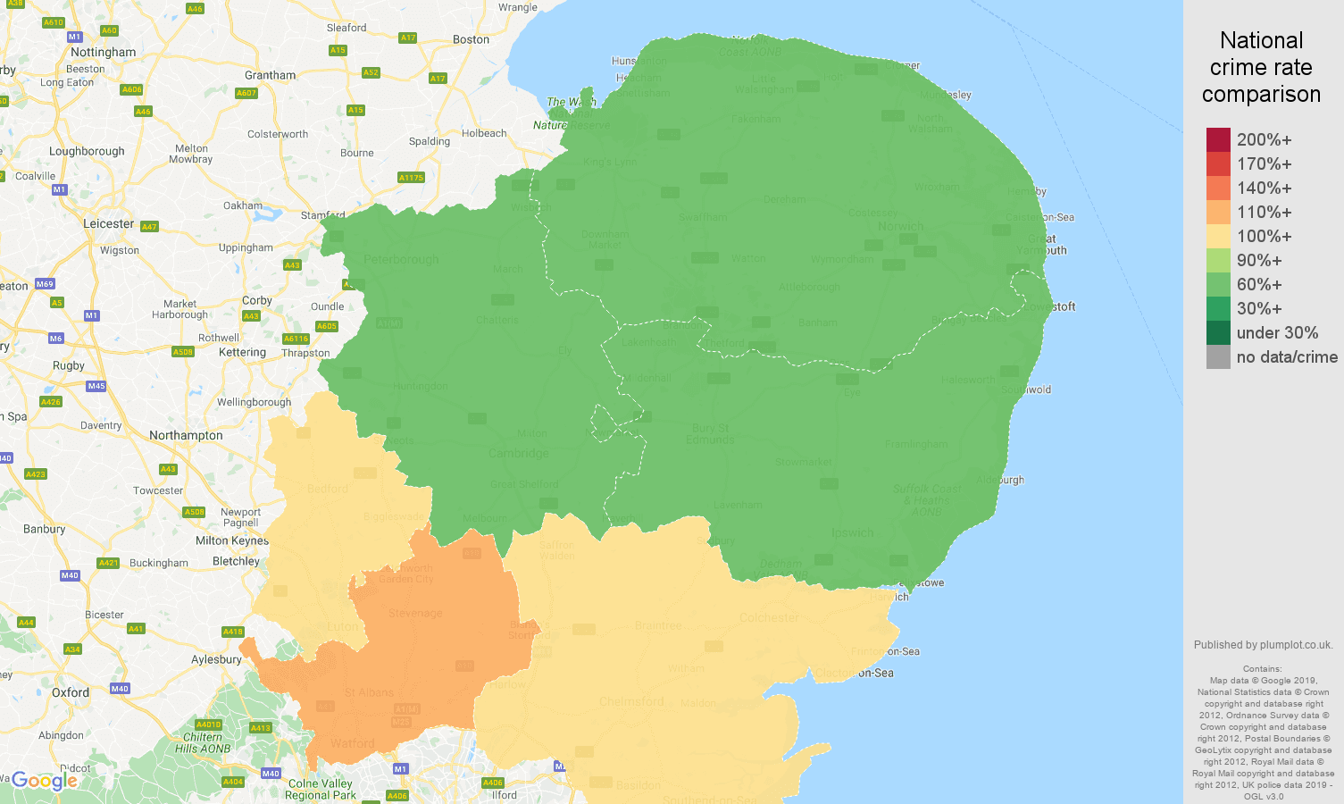 East of England shoplifting crime rate comparison map