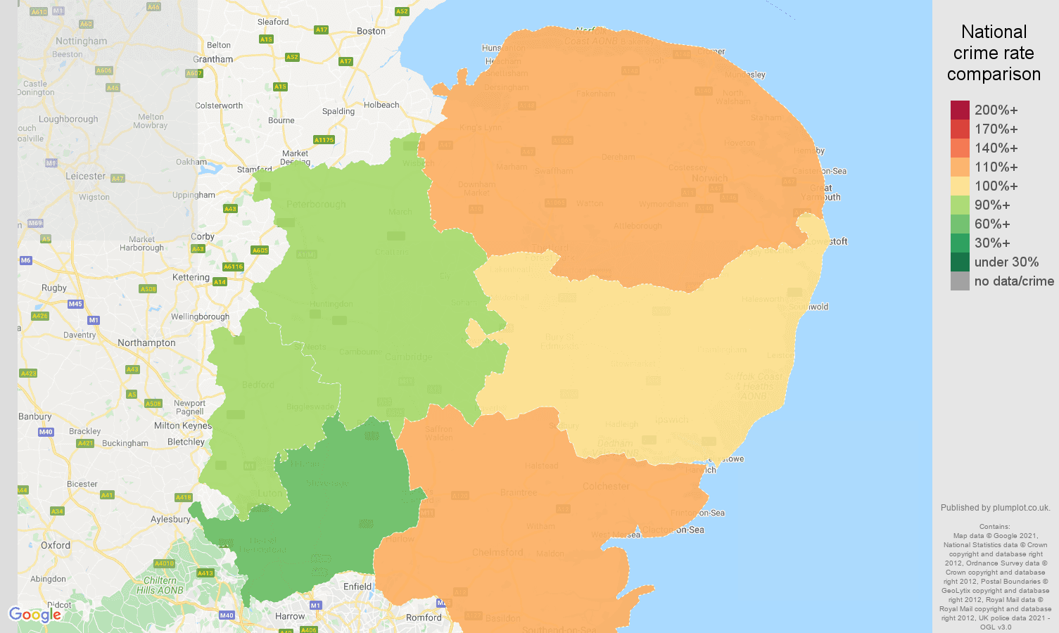 East of England violent crime rate comparison map