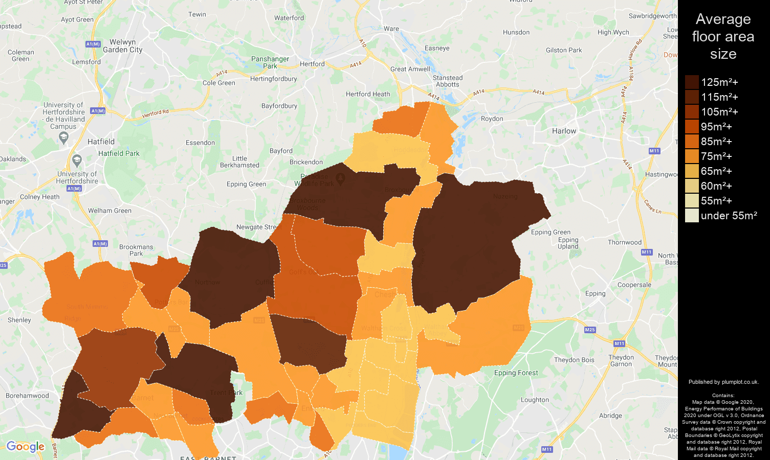 Enfield map of average floor area size of properties