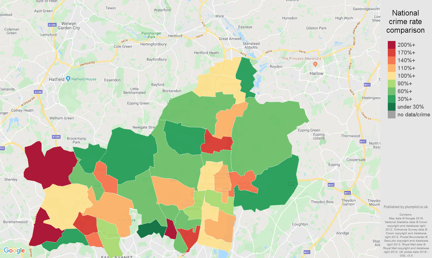 Enfield other theft crime rate comparison map