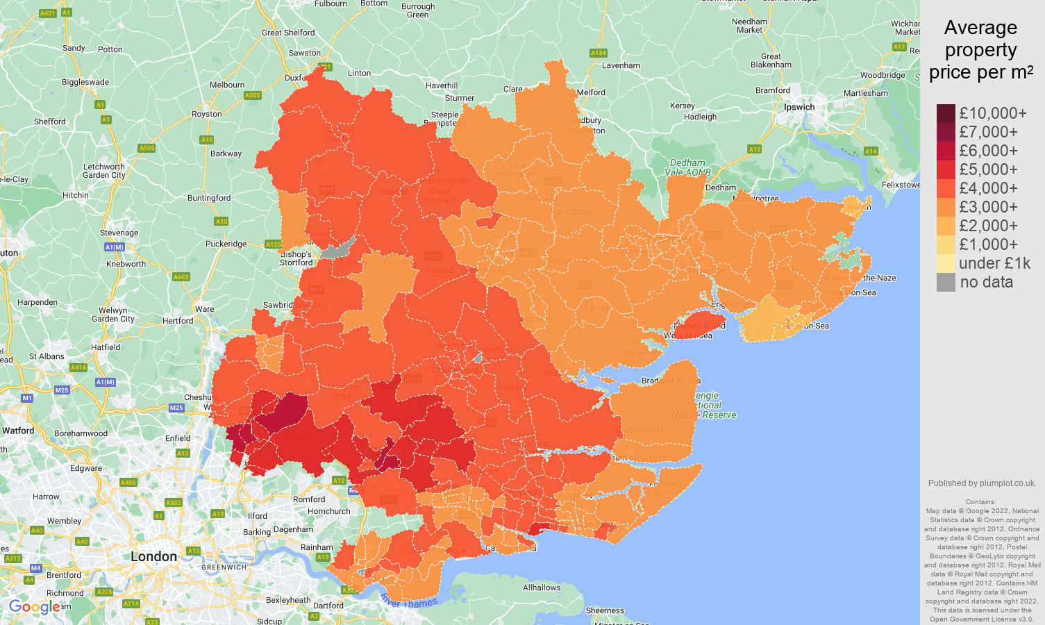 Essex house prices per square metre map