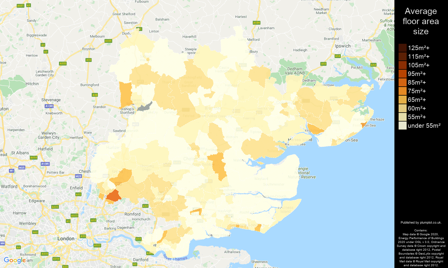 Essex map of average floor area size of flats