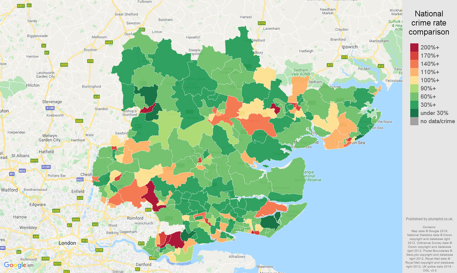 Essex other theft crime rate comparison map