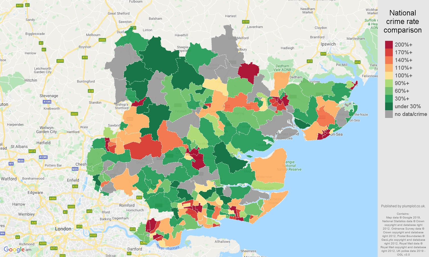Essex possession of weapons crime rate comparison map