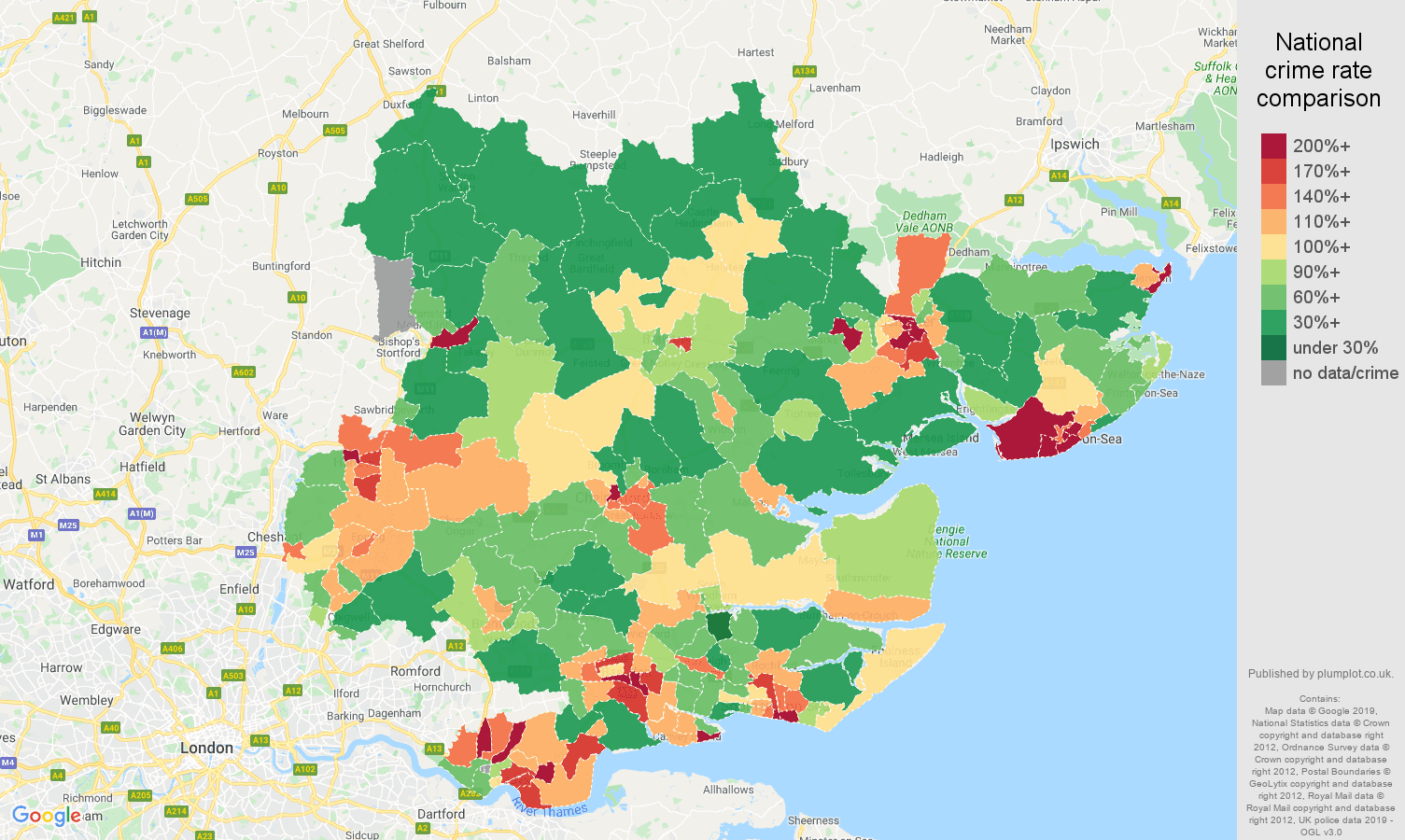 Essex public order crime rate comparison map