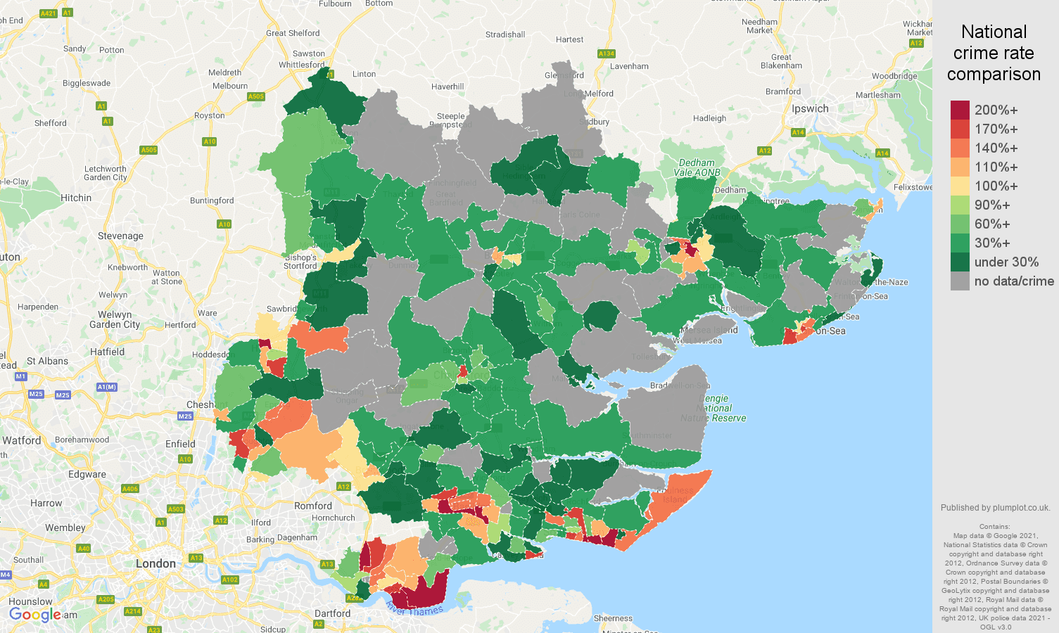 Essex robbery crime rate comparison map