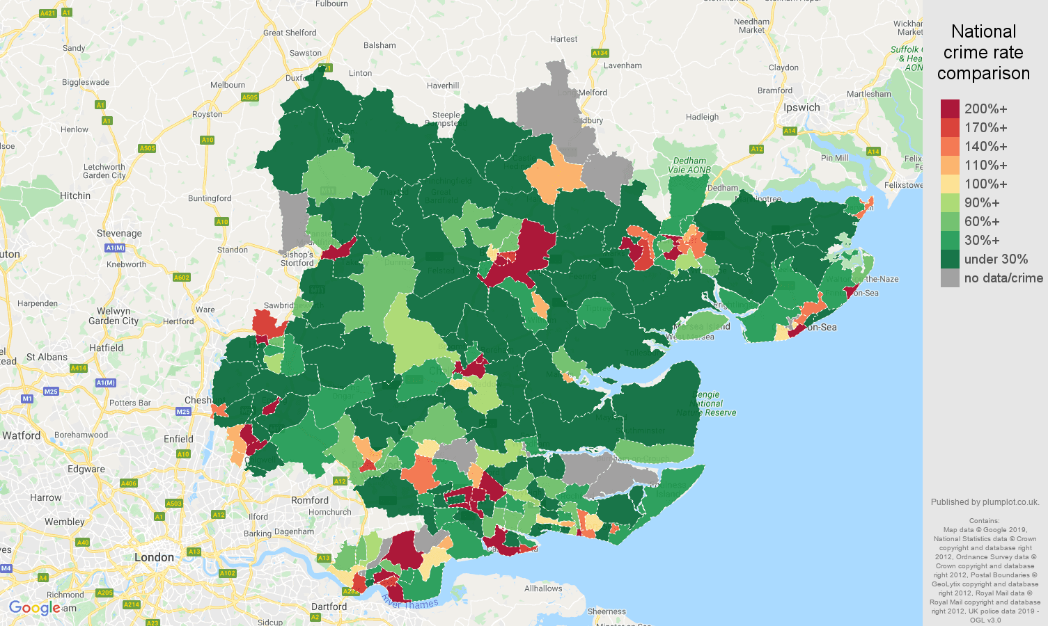 Essex shoplifting crime rate comparison map