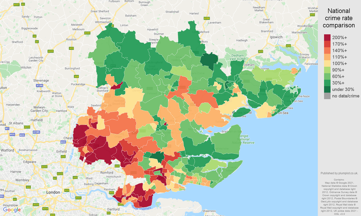 Essex vehicle crime rate comparison map